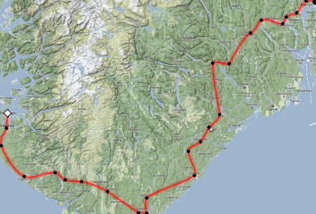 A linha de trem Sorlandbanen, que liga Stavanger (à esquerda) a Oslo (à direita)